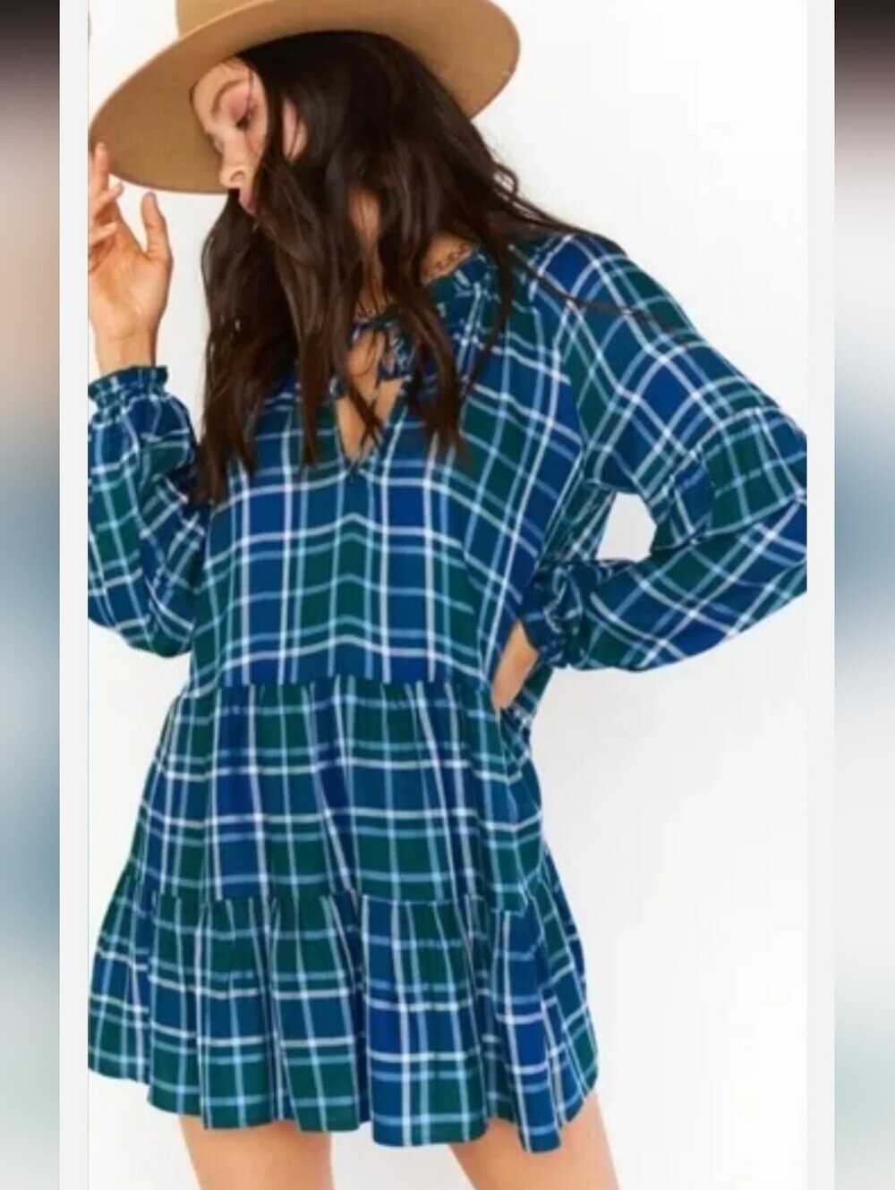 Show Me Your Mumu Ainsley Relaxed Long Sleeve Mini Dress in Green Blue Plaid, S
